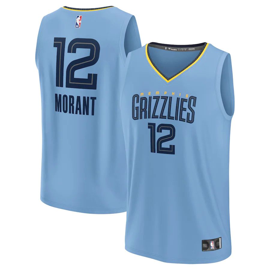 Men Memphis Grizzlies 12 Ja Morant Fanatics Branded Light Blue Statement Edition 2022-23 Fast Break Replica Player NBA Jersey